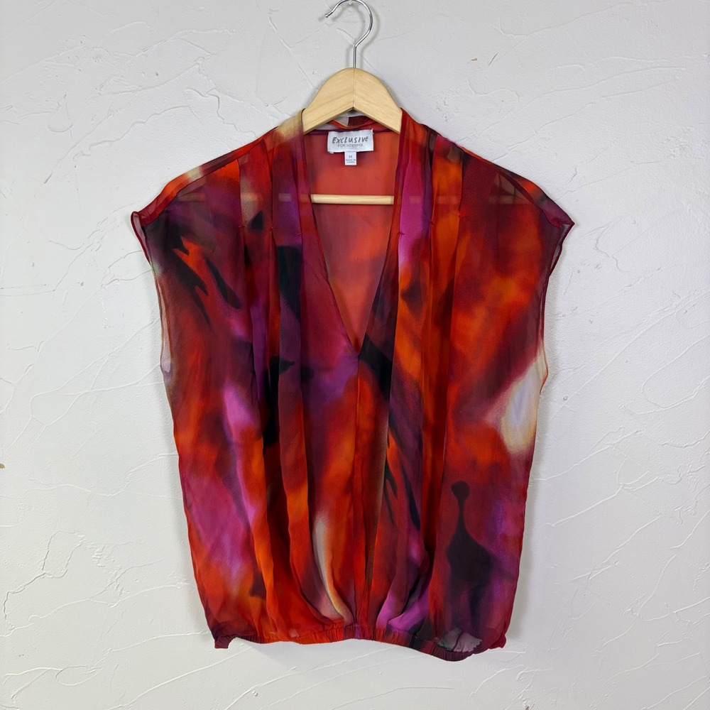 Exclusive Intermix Silk Abstract Print Blouse Women Medium Red Sheer Surplice